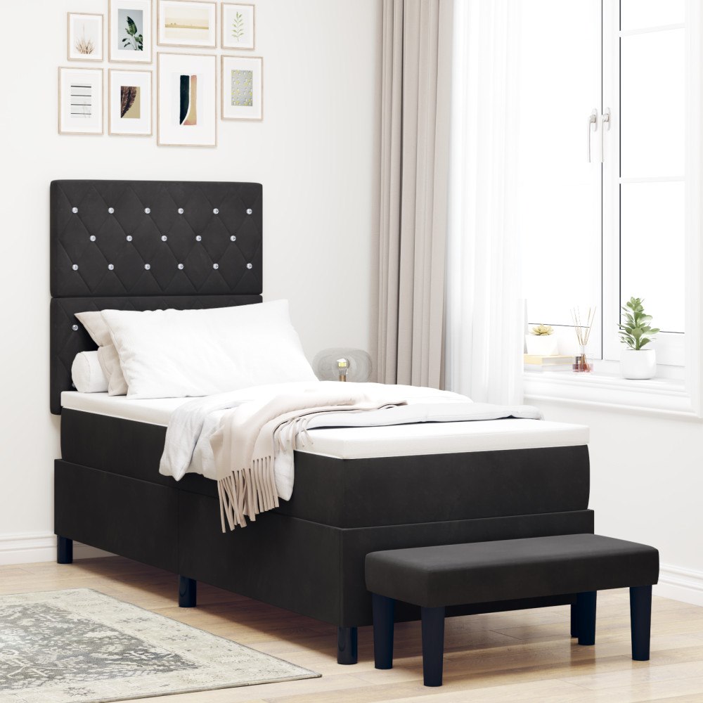 vidaXL Boxfjädersäng med madrass & bänk Svart 80x200 cm Sammet