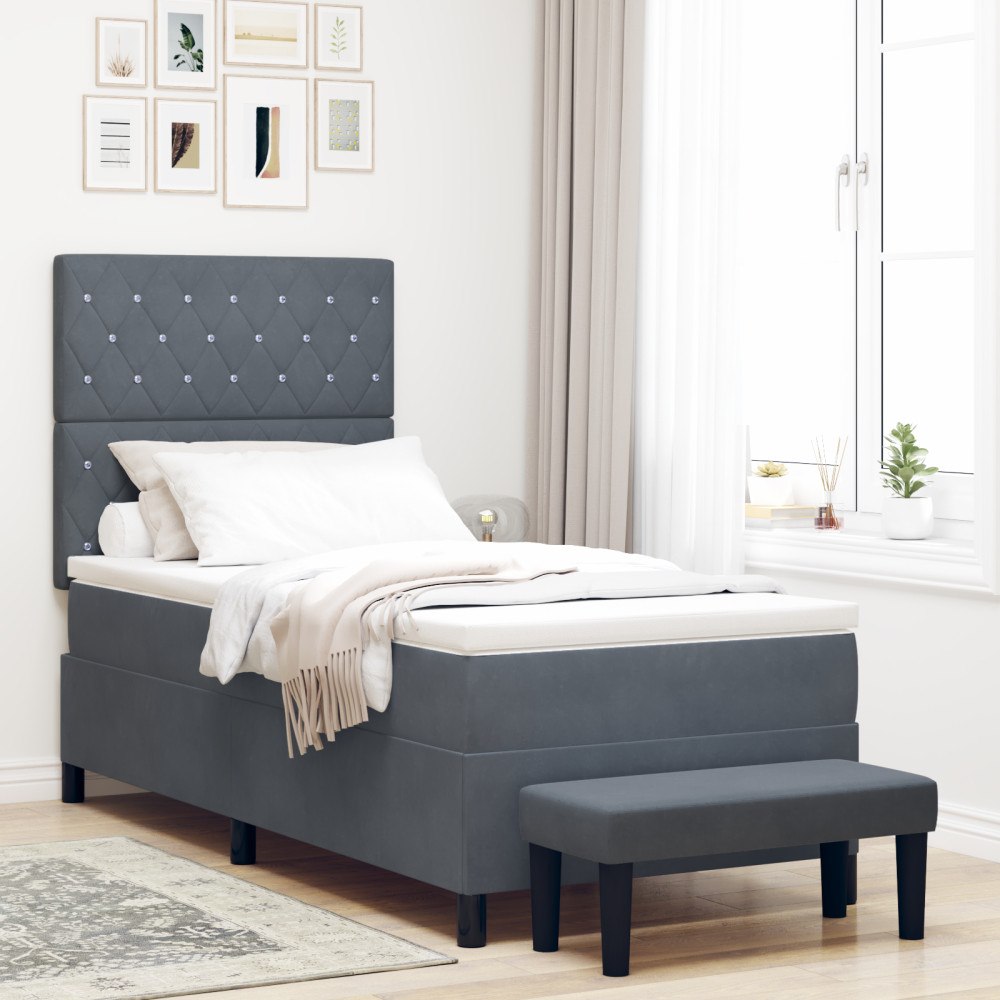 vidaXL Boxfjädersäng med madrass och bänk Mörkgrå 90x190 cm Sammet