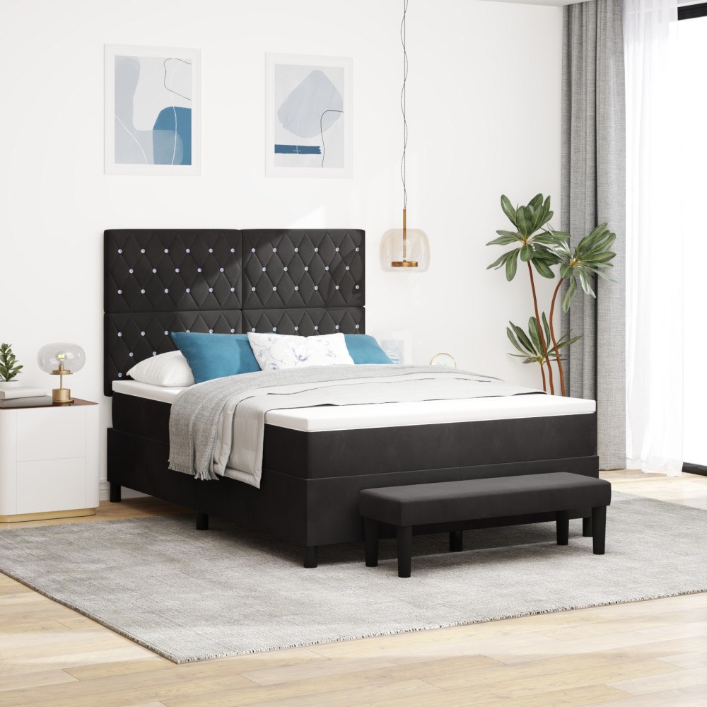 vidaXL Boxfjäder Säng med Madrass & Bänk Svart 160x200 cm Sammet