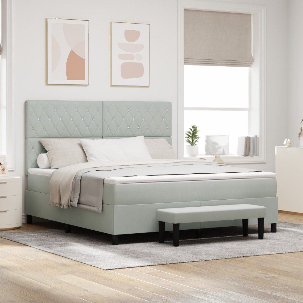 vidaXL Boxspringsäng med madrass & bänk Ljusgrå 180x200 cm Velour