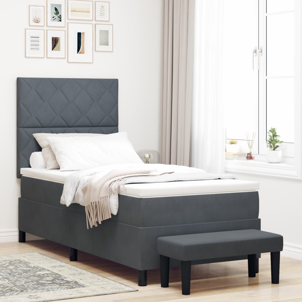 vidaXL Sängbotten med madrass och bänk mörkgrå 90x190 cm sammet