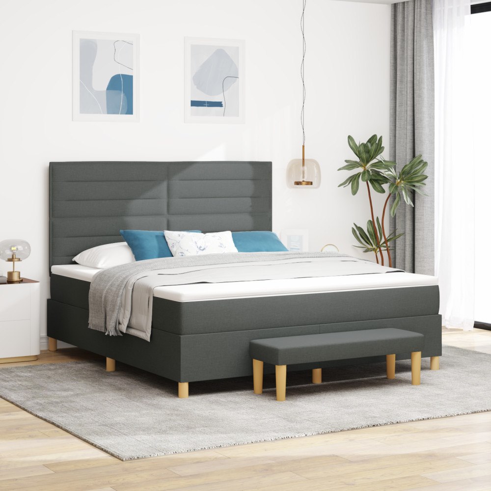 vidaXL Boxfjädringssäng med madrass & bänk Mörkgrå 180x200 cm Tyg