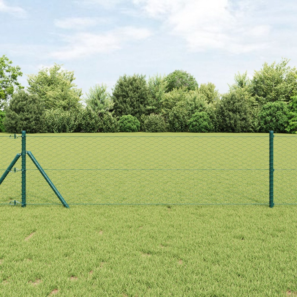 vidaXL Sexkantiga Staket Grön 0.6x10 m Stål, vidaXL Staketstolpar 7 st Grön Ø32 mm 100 cm Galvaniserad Stål