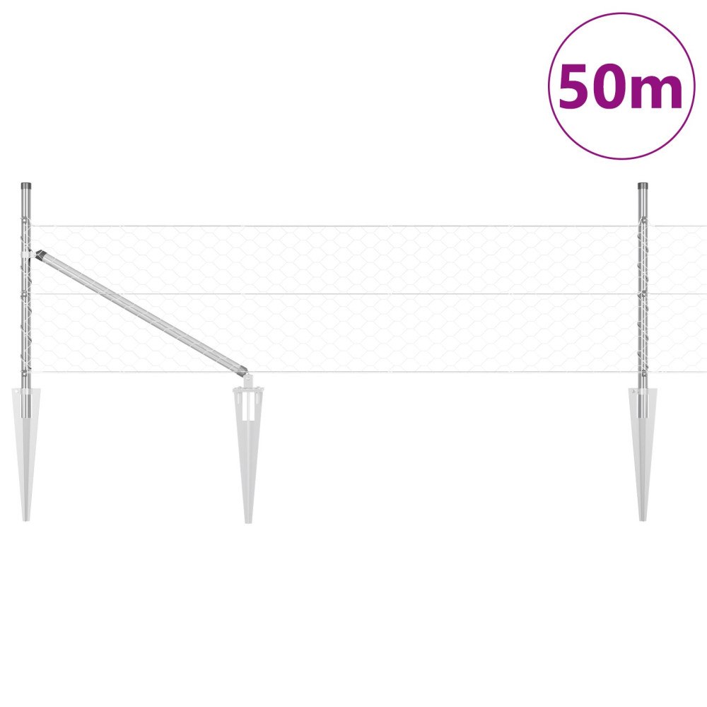 vidaXL Hexagon Staket 0,8x50 m Galvaniserat Stål, vidaXL Staketstolpar med Spik 13 st Ø32 mm 100 cm Galvaniserat Stål