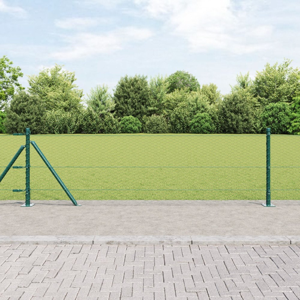 vidaXL Hexagon Staket Grön 0,6x10 m Stål, vidaXL Staketstolpar med Basplattor 7 st Ø32mm 70cm Galvaniserat Stål