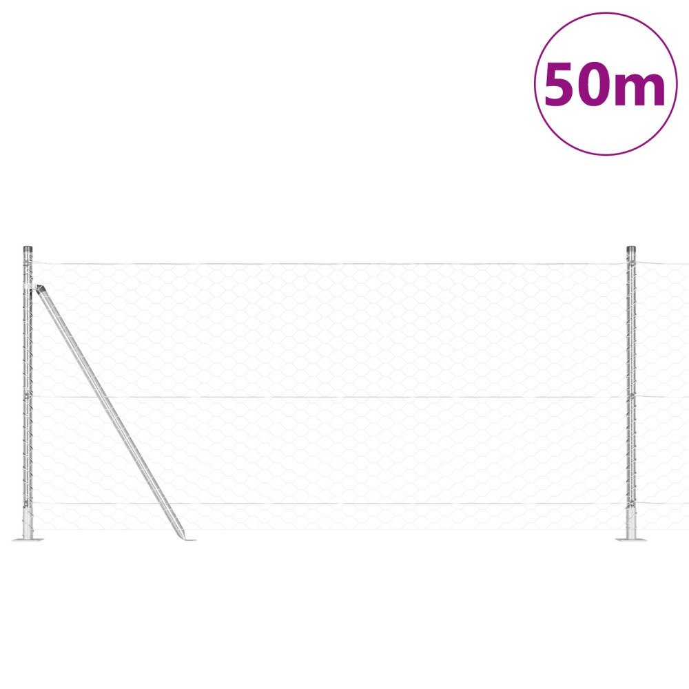 vidaXL Hexagon Fence 0.8x50 m Galvaniserat stål, vidaXL Stängselstolpar med basplattor 13 st Ø32mm 90cm Galvaniserat stål