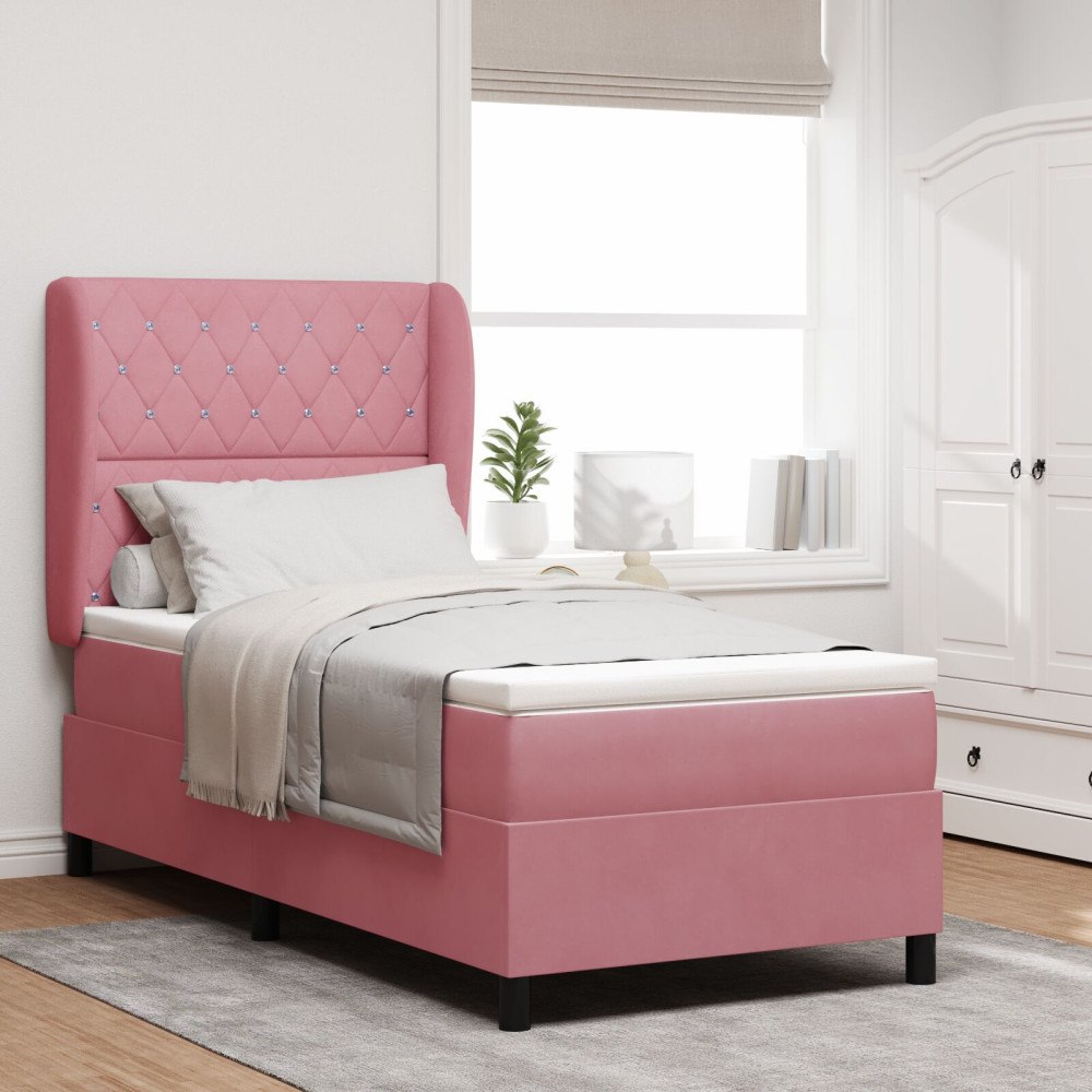 vidaXL Bäddfjäder med madrass med huvudgavel Rosa 190 x 90 cm Sammet