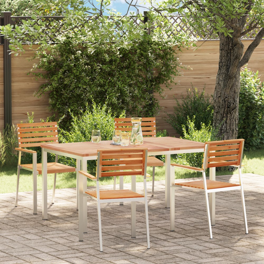 vidaXL 5-delat trädgårdsmöbelset i massivt teakträ, vidaXL Utematbord 150x90x75 cm i massivt teakträ, vidaXL Stapelbara trädgår...