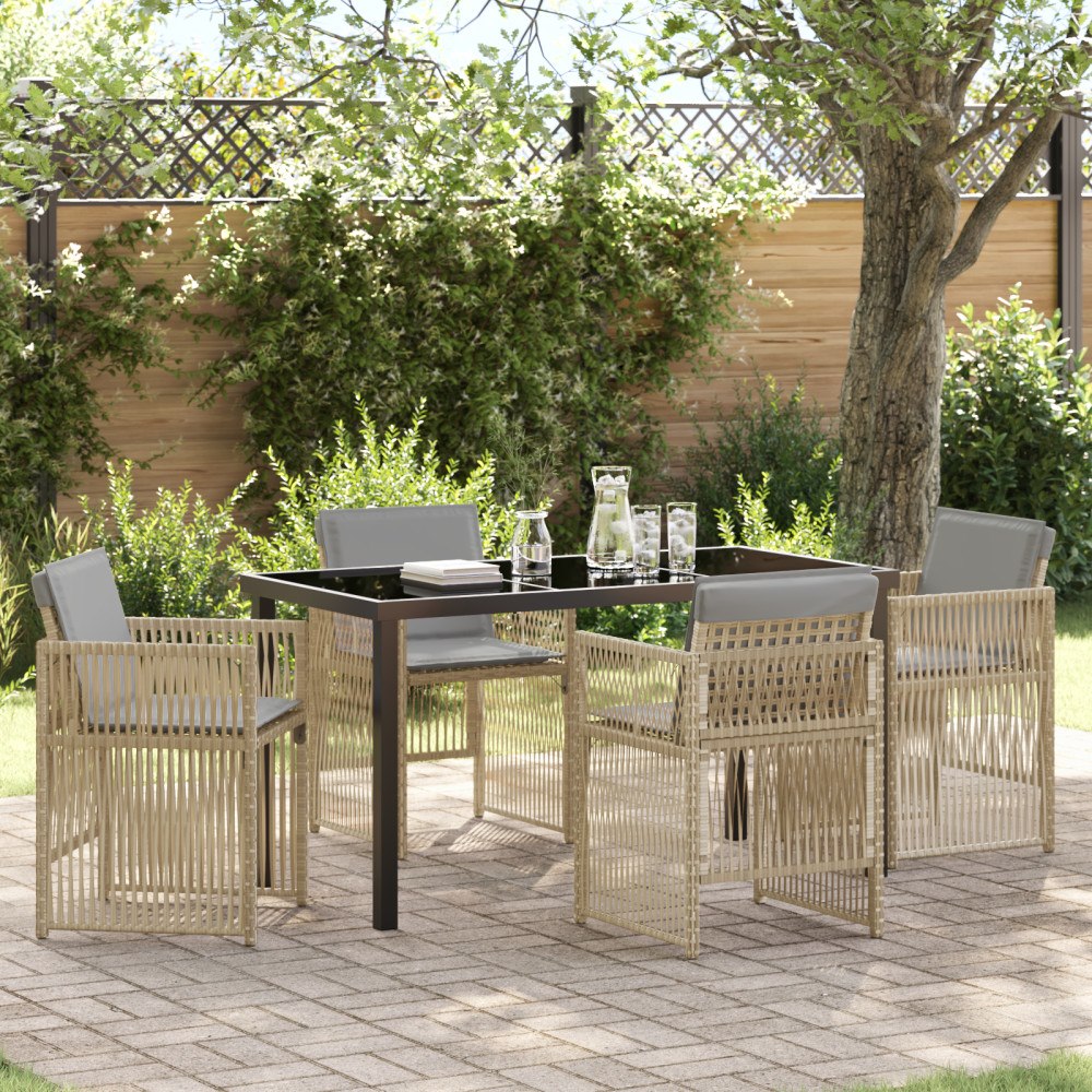 vidaXL 5-delat trädgårdsmöbelset med kuddar i beige poly-rattan, vidaXL trädgårdsbord i svart 140x80x73 cm med tempererat glas