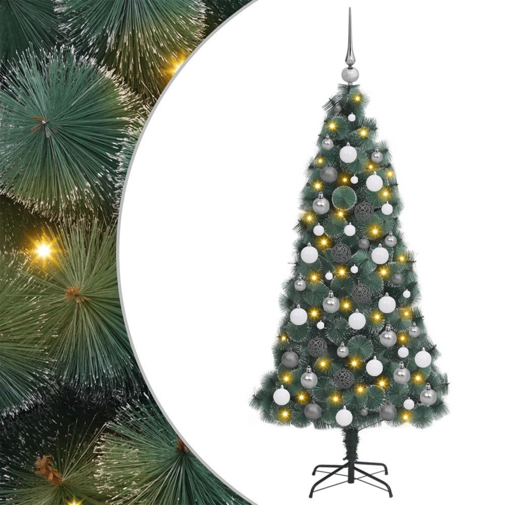 vidaXL Konstgjord Julgran LED & Kule Set Grön 150 cm PET
