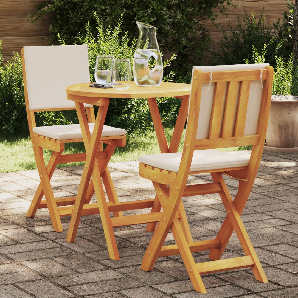 vidaXL 3-delat vikbart bistro set med kuddar i solid akaciaträ