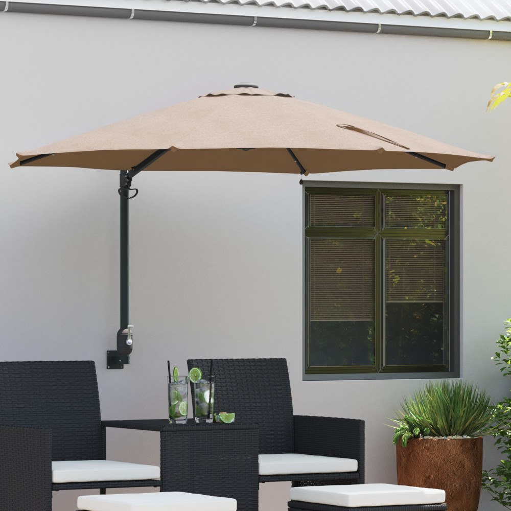 vidaXL Väggmonterad Trädgårdsparasol med LED-lampor Taupe 248 cm