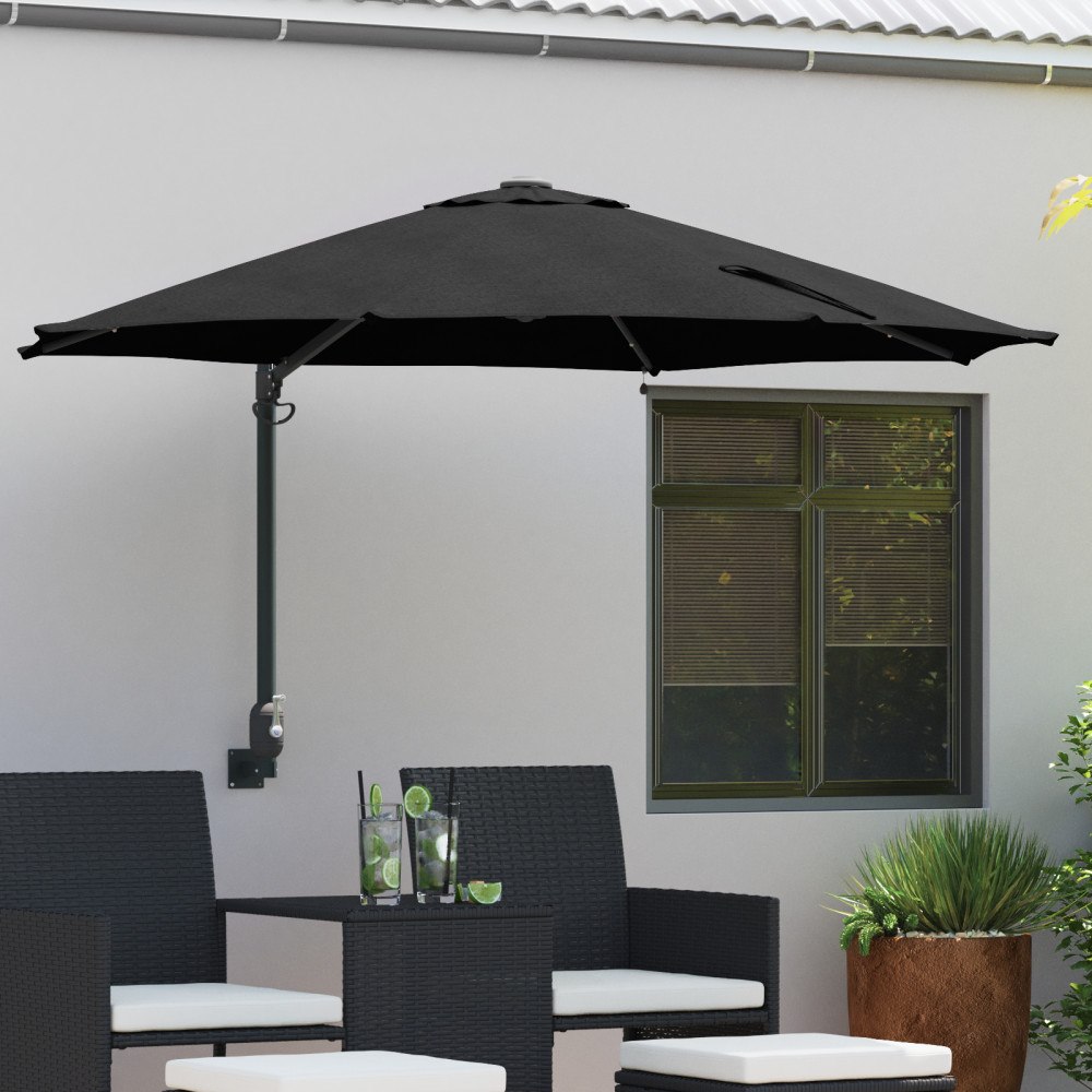 vidaXL Väggmonterat trädgårdsparaply med LED svart 248 cm