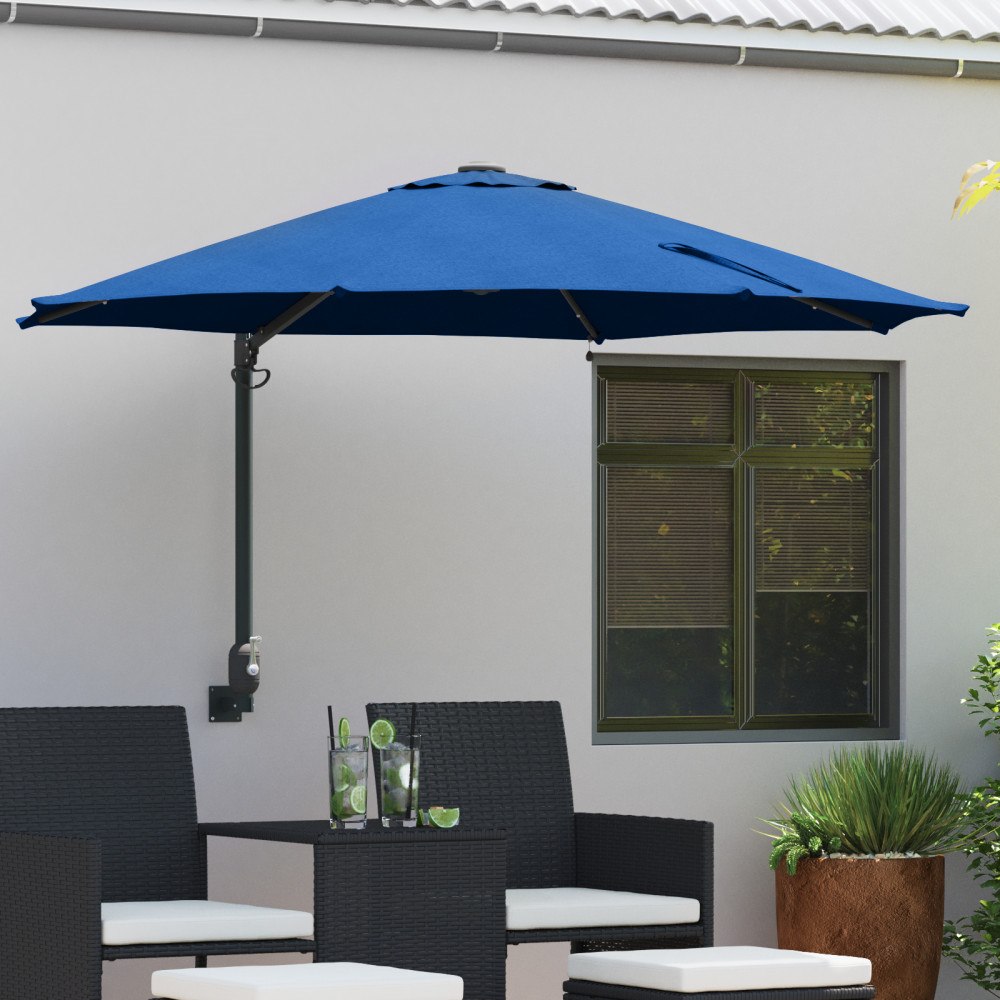 vidaXL Väggmonterat Trädgårdsparasol med LED-lampor Azure blå 248 cm