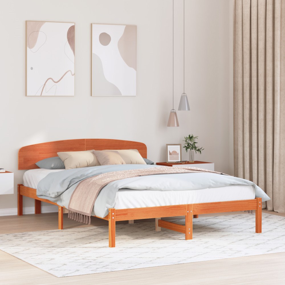 vidaXL Sängram med huvudgavel Vaxbrun 160 x 200 cm Massiv furu