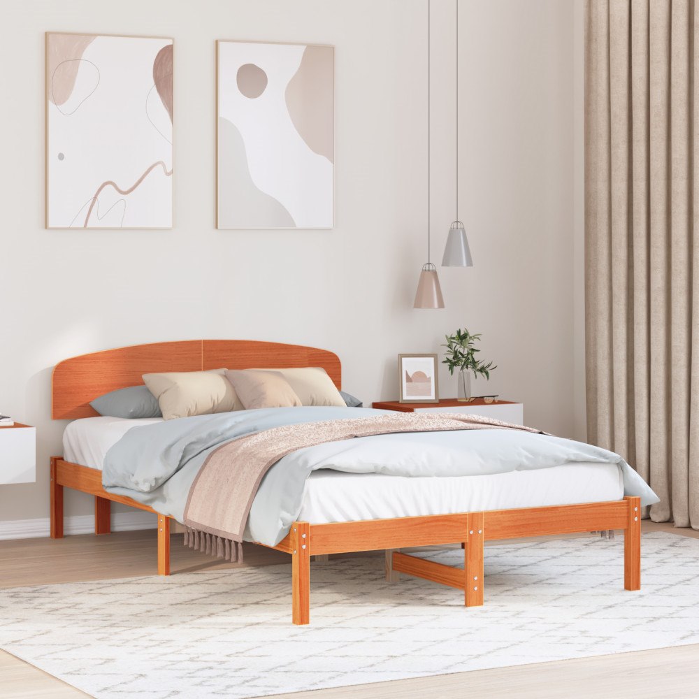vidaXL Sängram med Sänggavel Vaxad Brun 135x190 cm Massiv trä Tall