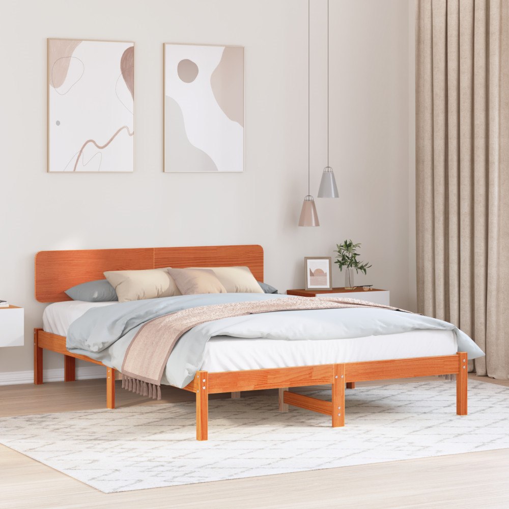 vidaXL Sängram med huvudgavel Vaxad brun 200x200 cm Massivt tallträ
