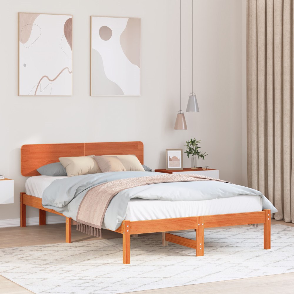 vidaXL Sängram med Huvudgavel Vaxad Brun 120x190 cm Solid Tallträ