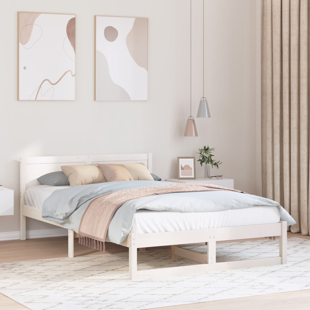 vidaXL Sängram med huvudgavel Vit 135 x 190 cm Massiv furu