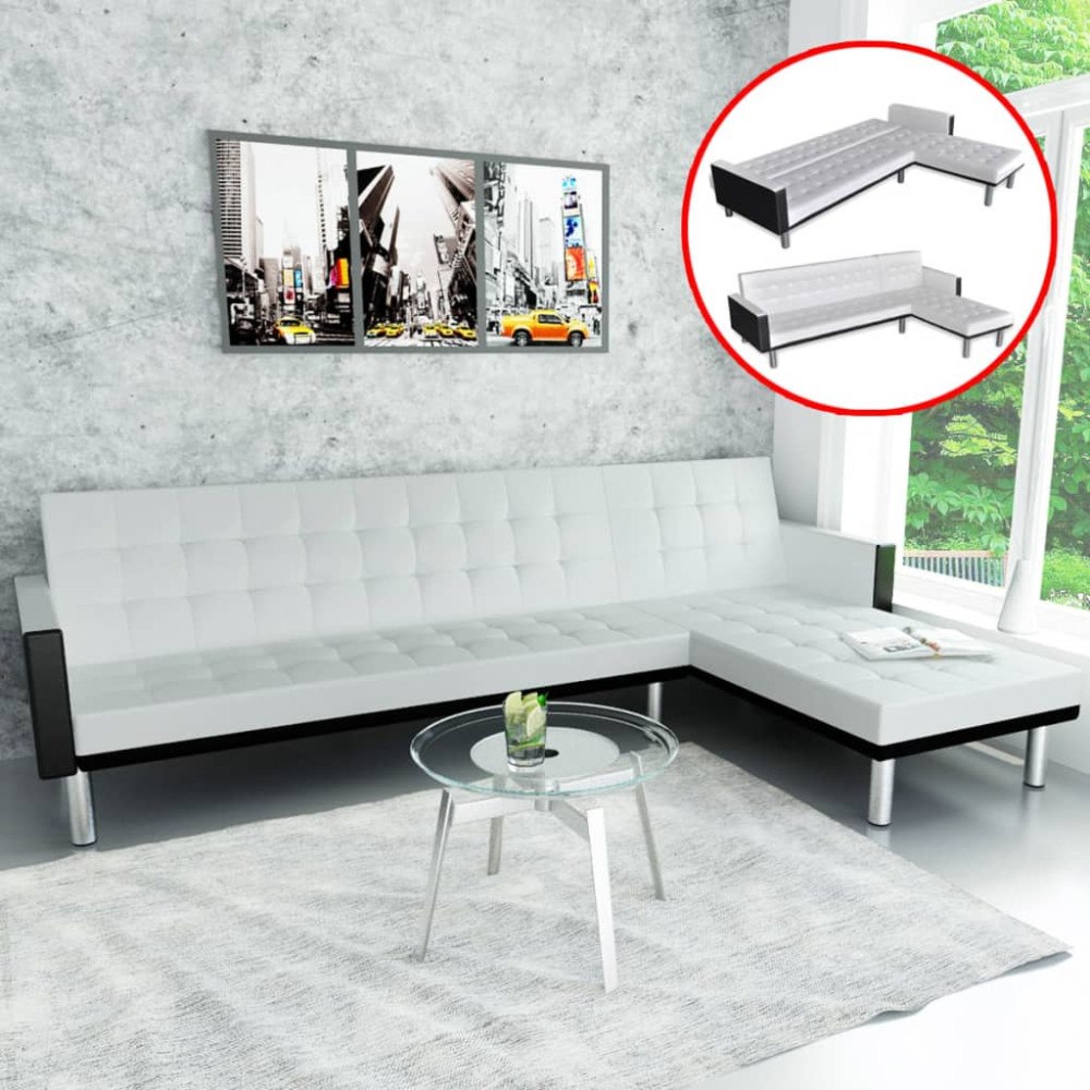 vidaXL L-formad bäddsoffa konstläder vit och svart