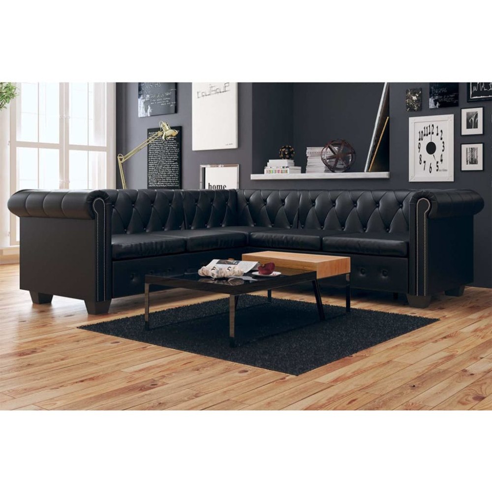vidaXL Chesterfield hörnsoffa 5-sits svart konstläder