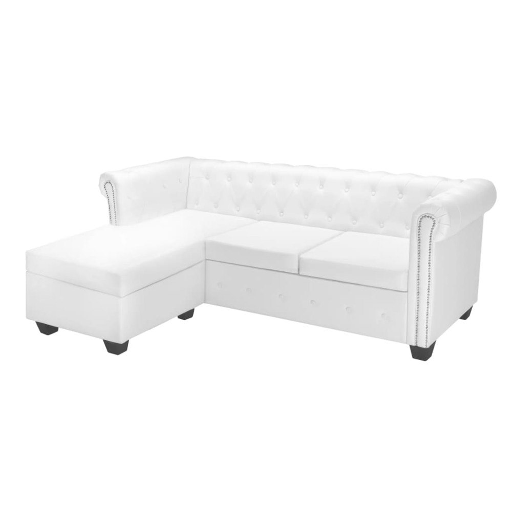 vidaXL L-formad Chesterfield-soffa konstläder vit
