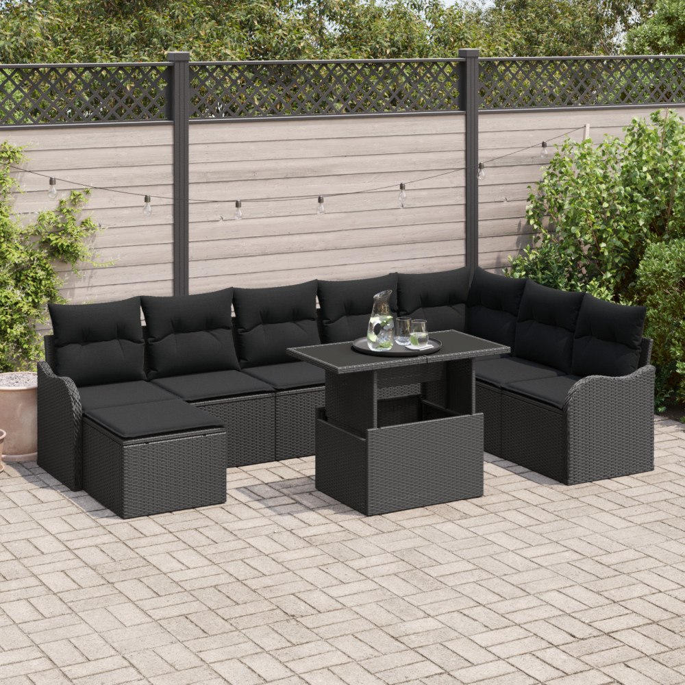 vidaXL 9-delars Trädgårdsoffaset med Kuddar Svart Poly Rattan, vidaXL 2-sits Trädgårdsoffa med Kuddar Svart Poly Rattan