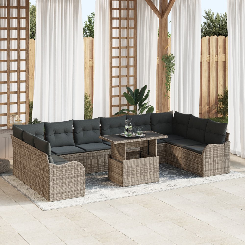 vidaXL 11-delars trädgårdsoffeset med kuddar Grå Poly Rattan, vidaXL 2-sits trädgårdsoffa med kuddar Grå Poly Rattan