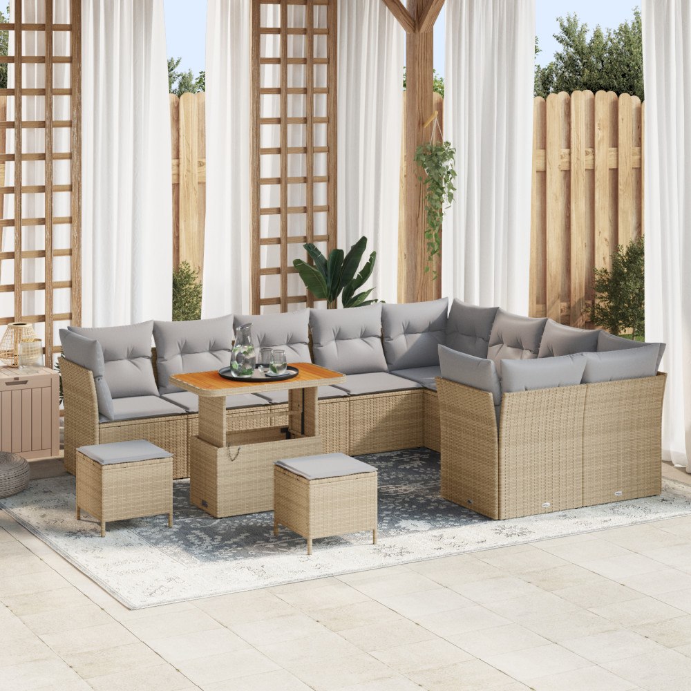 vidaXL 12-delat trädgårdsoffas med kuddar, beige poly rattan akacia, vidaXL 3-delat trädgårdsserveringsset med kuddar, beige po...