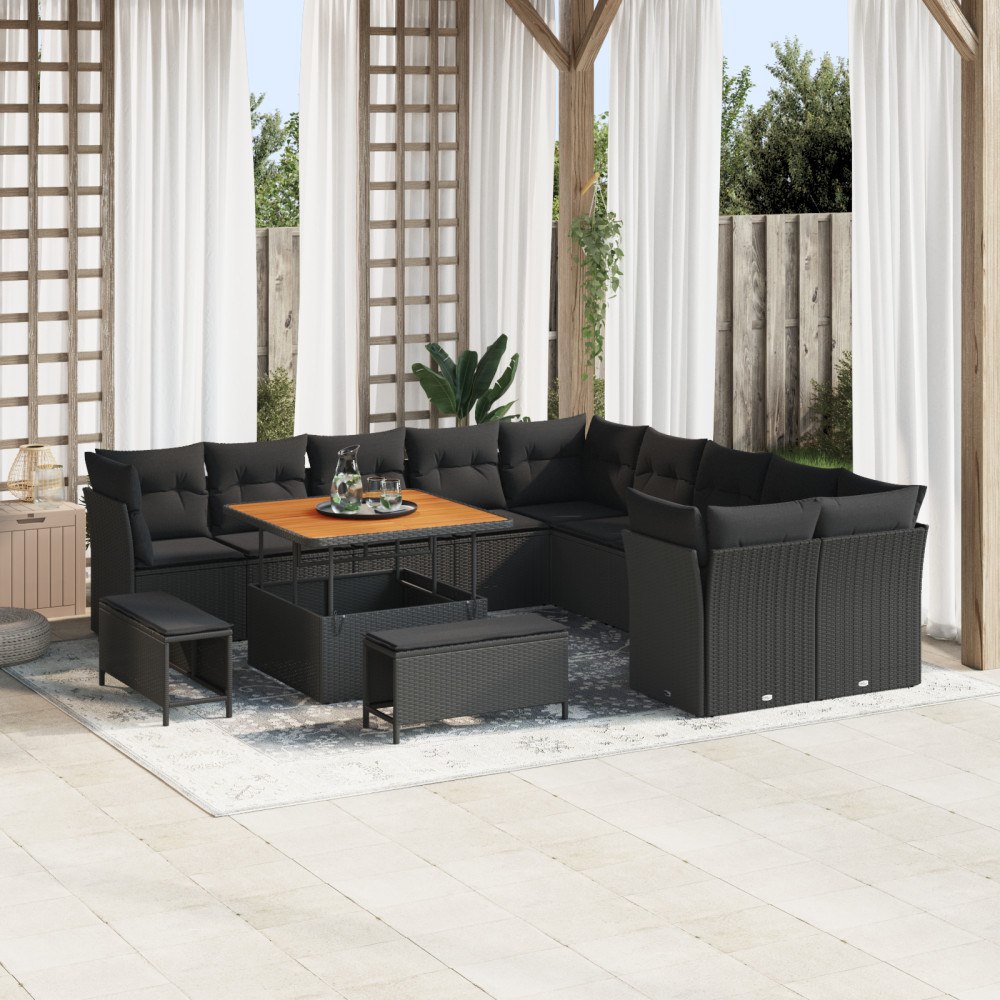 vidaXL 13 delar trädgårdsoffasett med kuddar svart poly rattan acacia, vidaXL 3 delar trädgårdsdining set med kuddar svart poly...