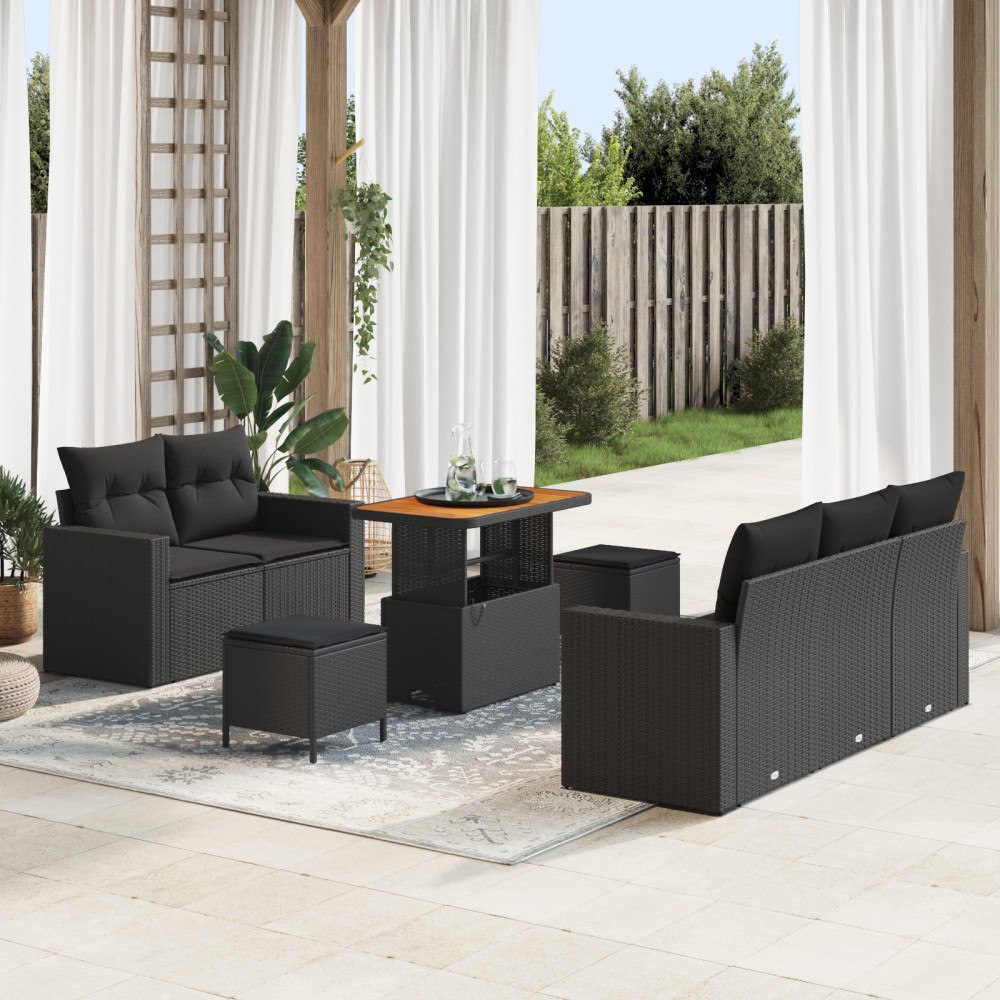 vidaXL 8-delat trädgårdsoffaset med kuddar svart poly-rattan akacia, vidaXL 3-delat trädgårdsdining set med kuddar svart poly-r...