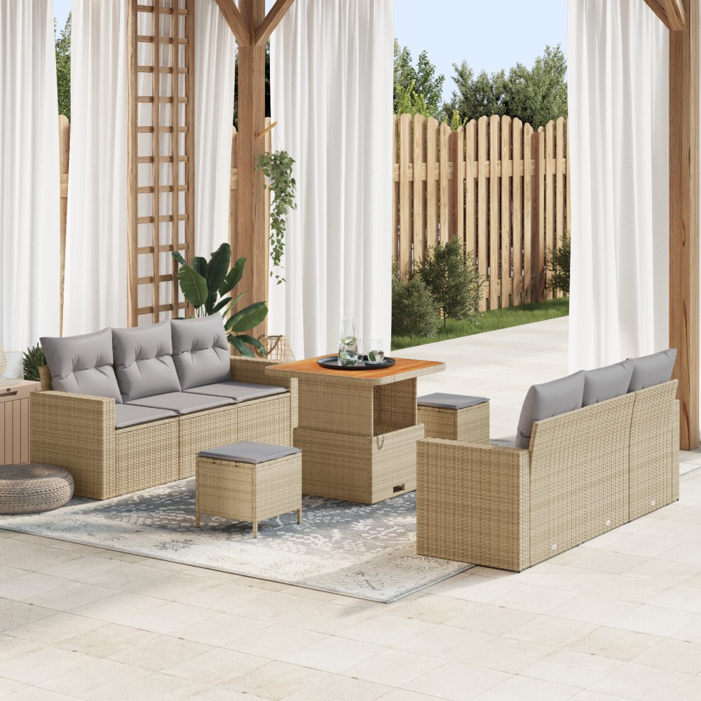 vidaXL 9-delars Trädgårdsoffaset med Kuddar Beige Poly Rattan Akacia, vidaXL 3-delars Trädgårds-matbord med Kuddar Beige Poly R...