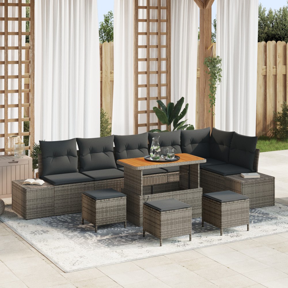 vidaXL 10-delat trädgårdsoffset med kuddar Grå Poly Rattan Akacia, vidaXL 2-sits trädgårdsoffa med kuddar Grå Poly Rattan, vida...