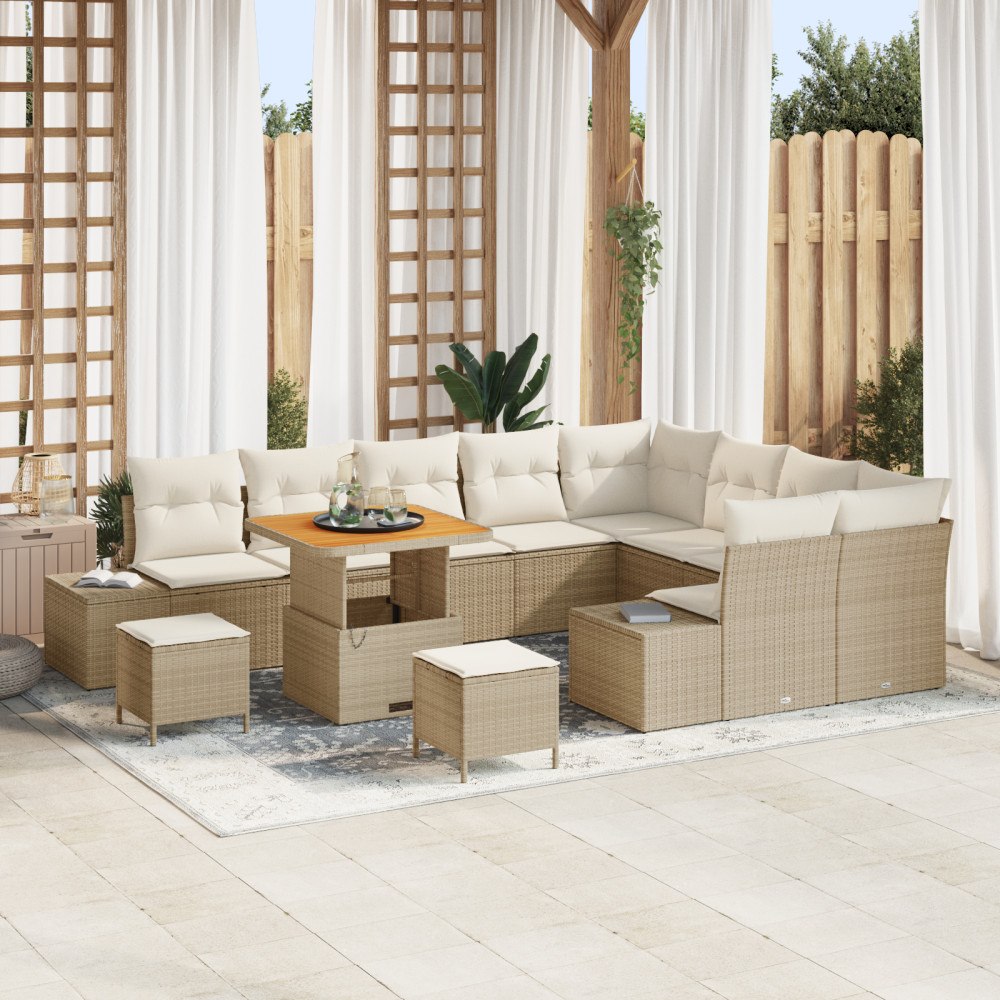 vidaXL 12-delars trädgårdsoffa med kuddar beige poly rattan akacia, vidaXL 3-delars trädgårdsmatsats med kuddar beige poly ratt...