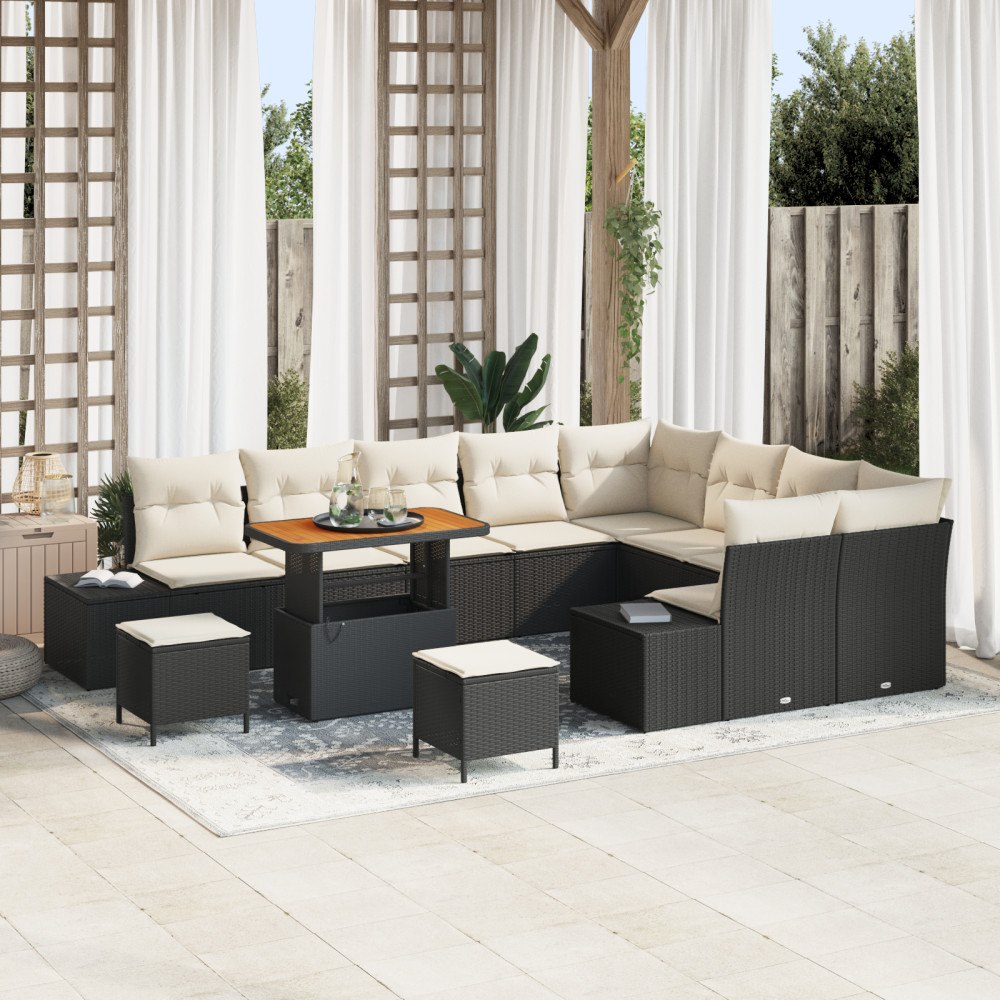 vidaXL 12 Delars Trädgårdsofa Set med Kuddar Svart Poly Rattan Akacia, vidaXL 3 Delars Trädgårdsdining Set med Kuddar Svart Pol...