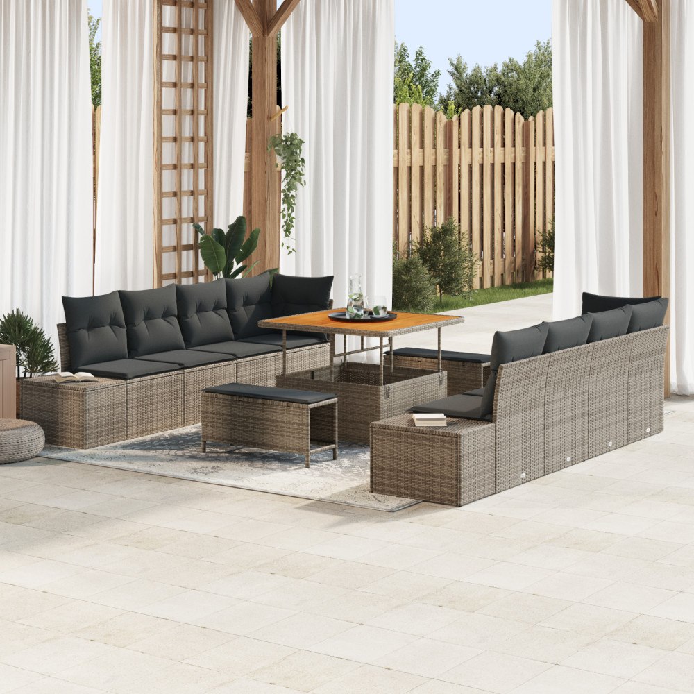 vidaXL 11-delars Trädgårdssoffset med dynor Grå Poly Rattan Akacia, vidaXL 2-sits Trädgårdssoffa med förvaring & dynor Grå Poly...