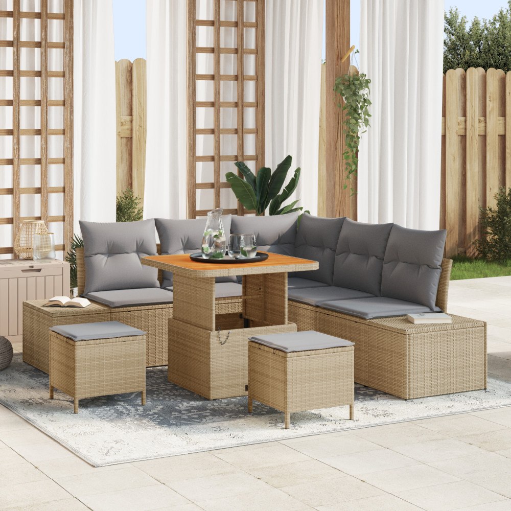 vidaXL 8-delat Trädgårdsoffset med kuddar Beige Poly Ratt Akacia, vidaXL 2-sits Trädgårdsoffa med förvaring och kuddar Beige Po...