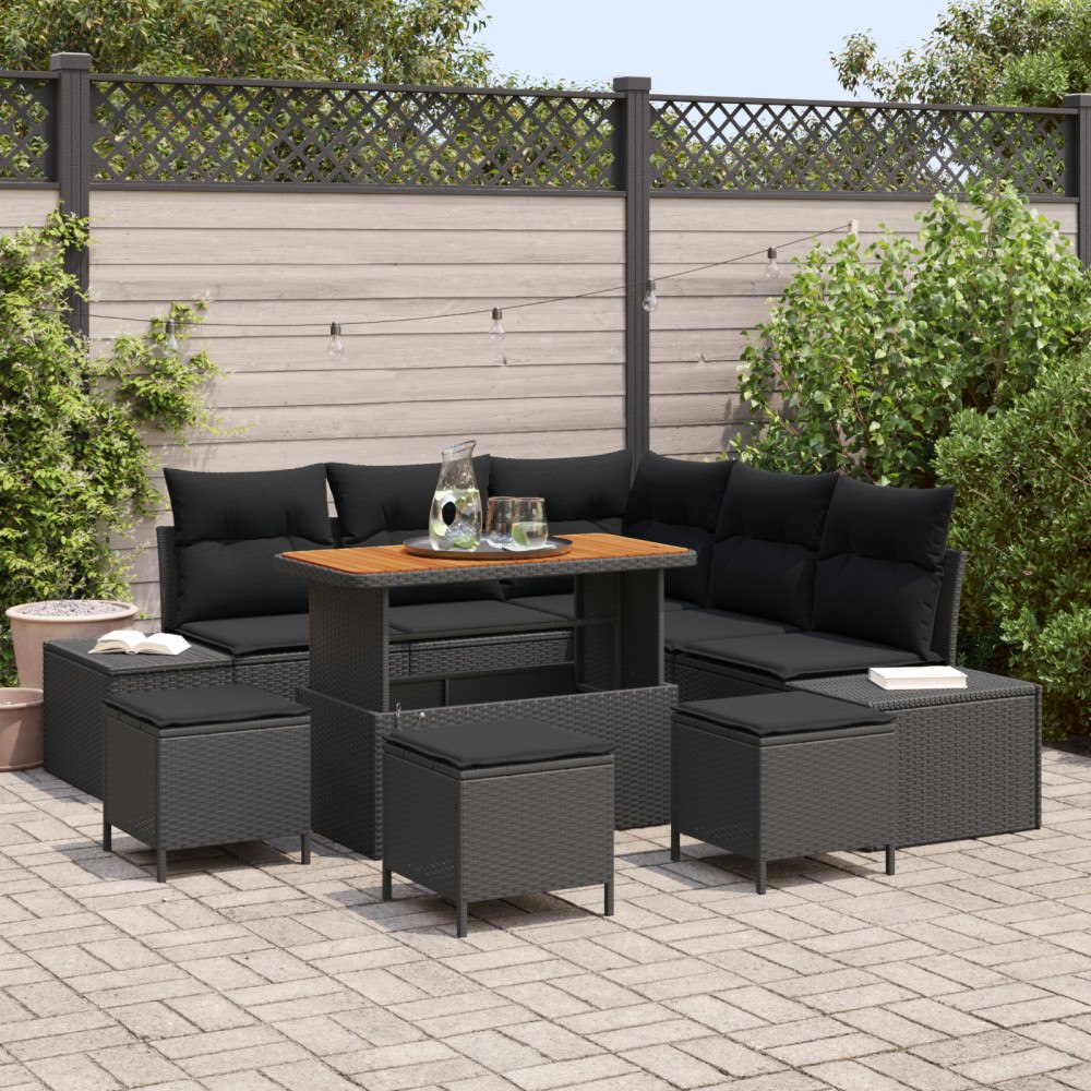 vidaXL 9-delars trädgårdssoffset med kuddar svart poly rattan acacia, vidaXL 2-sits trädgårdsoffa med förvaring & kuddar svart...