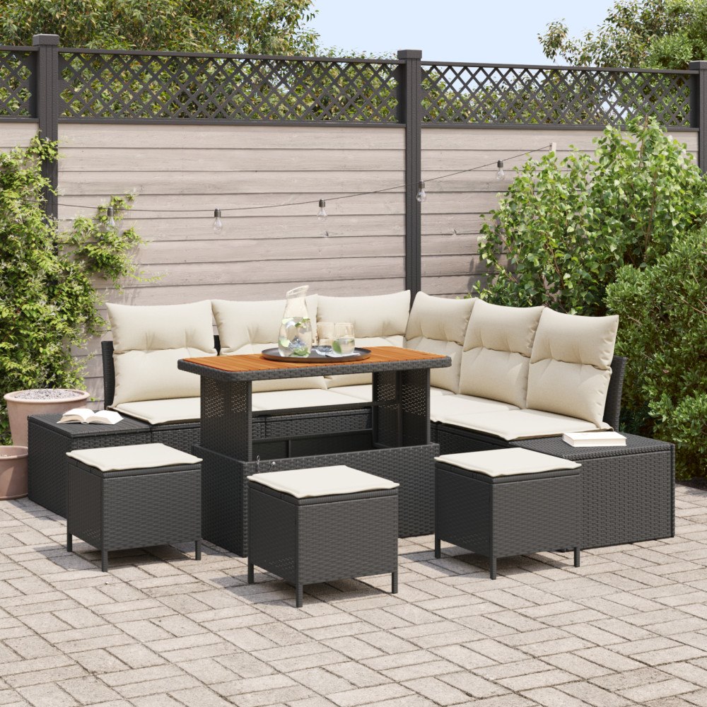 vidaXL 9-delat trädgårdsoffaset med kuddar svart poly rattan, vidaXL 2-sits trädgårdsoffa med förvaring och kuddar svart poly r...