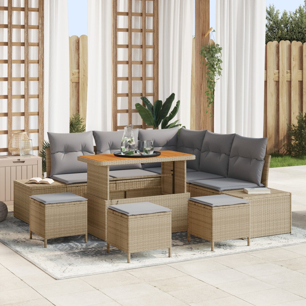 vidaXL 9-delars trädgårdsoff set med dynor beige poly rotting akacia, vidaXL 2-sits trädgårdsoffa med förvaring & dynor beige p...