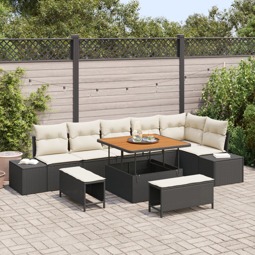 vidaXL 9-delars trädgårdssoffset med kuddar svart poly-rattan akacia, vidaXL 2-sits trädgårdssoffa med förvaring och kuddar sva...