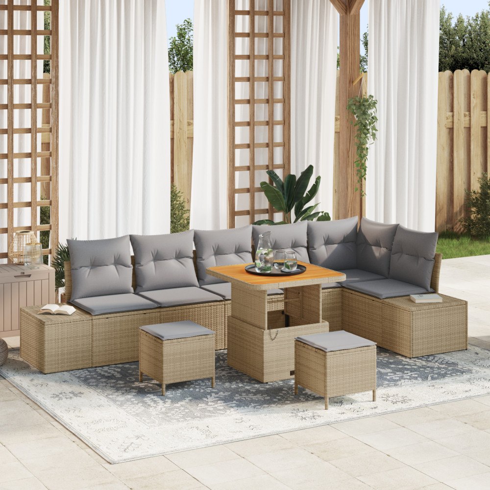vidaXL 9-delat trädgårdsoff-set med kuddar beige poly rattan akacia, vidaXL 2-sits trädgårdsoffa med förvaring och kuddar beige...