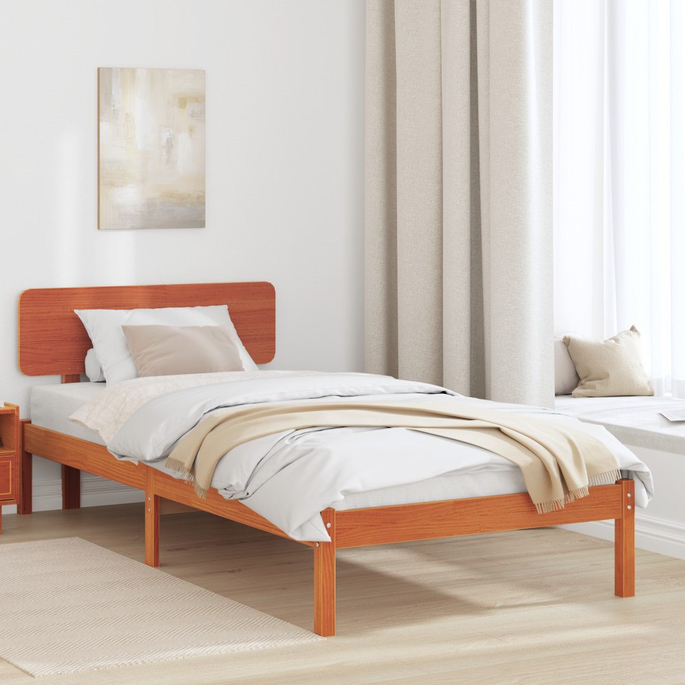 vidaXL Sängram med huvudgavel Vaxbrun 90 x 190 cm Massiv furu
