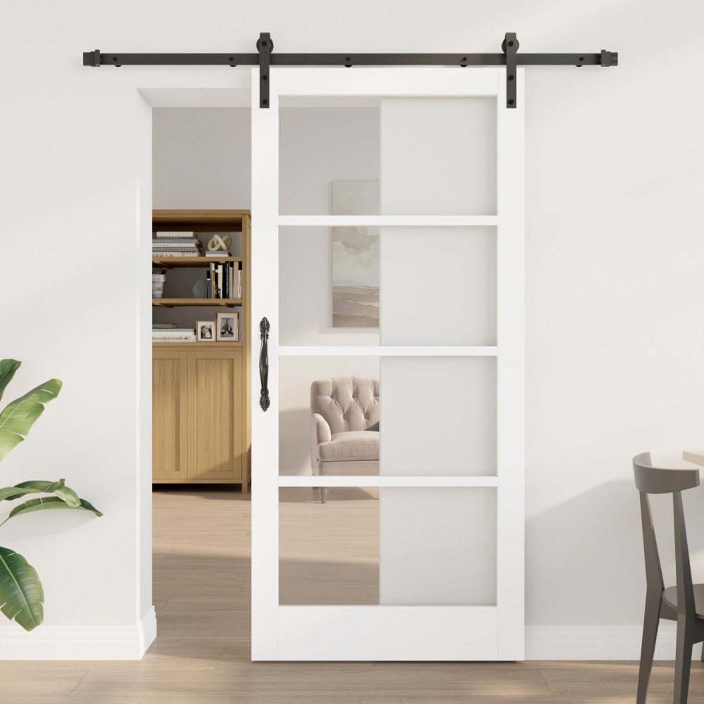 vidaXL Skjutdörr med Hårdvaruset 'ORKDAL'Vit Solid Trä & Glas, vidaXL Inredningsdörr med Glas 'ORKDAL'Vit 93x202x4 cm