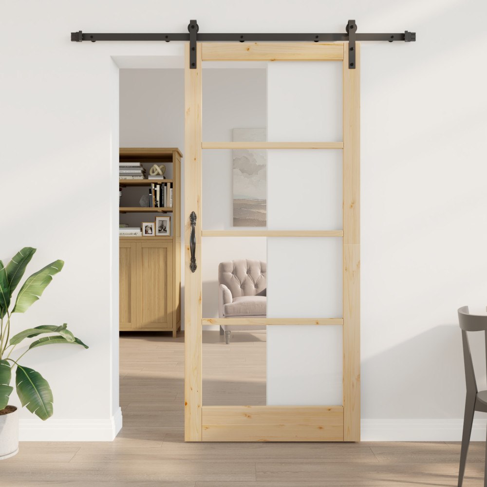 vidaXL Skjutdörr med Beslagsset 'ORKDAL'Massivt Trä & Glas, vidaXL Inredningsdörr med Glas 'ORKDAL'93x211x4 cm Massivt Trä Furu