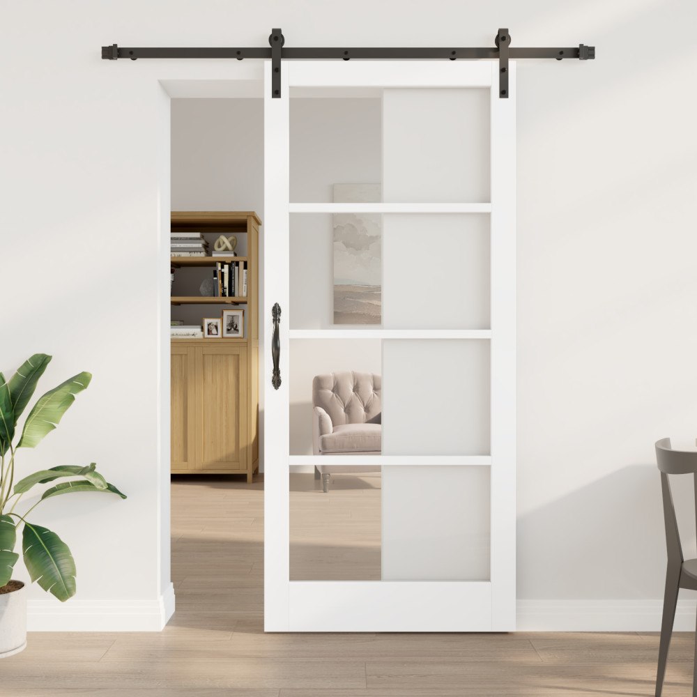 vidaXL Skjutdörr med tillbehör Set 'ORKDAL'Vit Massivt Trä & Glas, vidaXL Inredningsdörr med Glas 'ORKDAL'Vit 93x211x4 cm