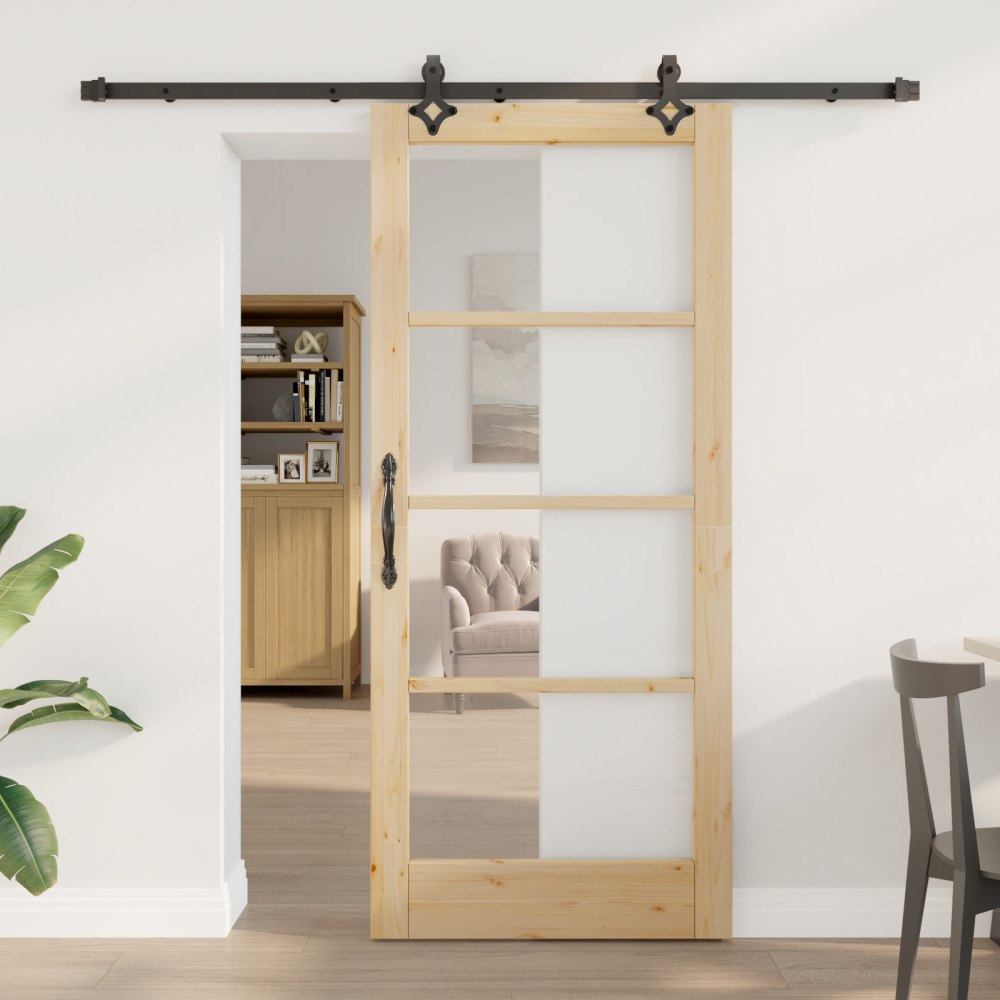 vidaXL skjutdörr med hårdvaruset 'ORKDAL'i massivt trä och glas, vidaXL inredningsdörr med glas 'ORKDAL'86x198,5x4 cm i massivt...