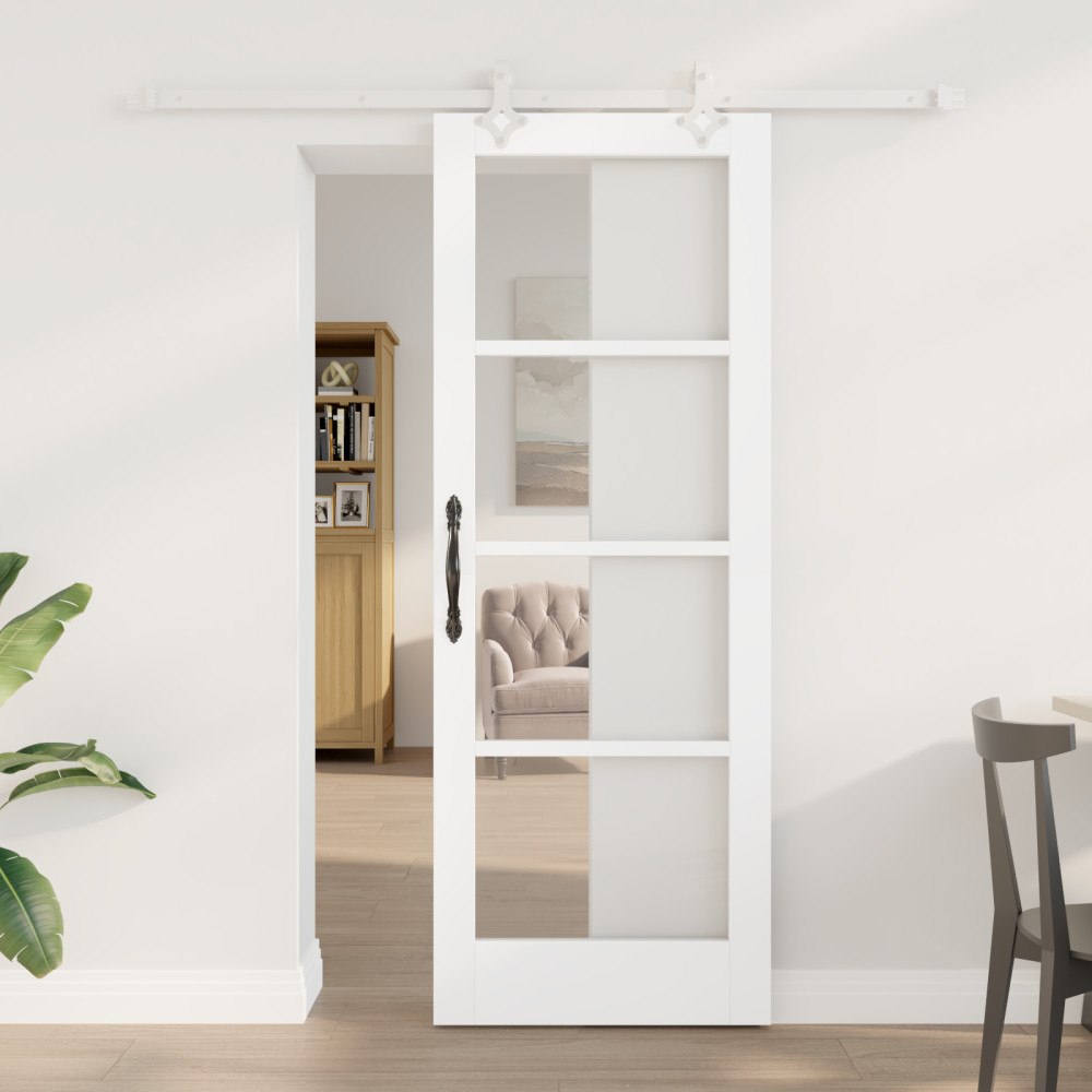 vidaXL Skjutdörr med Tillbehör Vit 73.5x198.5 cm Solid Furu, Inredningsdörr med Glas 'ORKDAL'Vit 73.5x198.5x4 cm