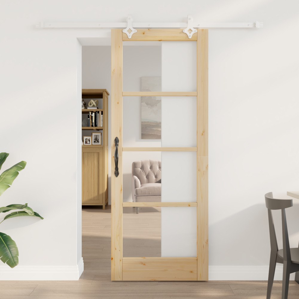 vidaXL skjutdörr med hårdvarusats 78x202 cm av massivt tallträ, vidaXL inredningsdörr med glas 'ORKDAL'78x202x4 cm av massivt t...