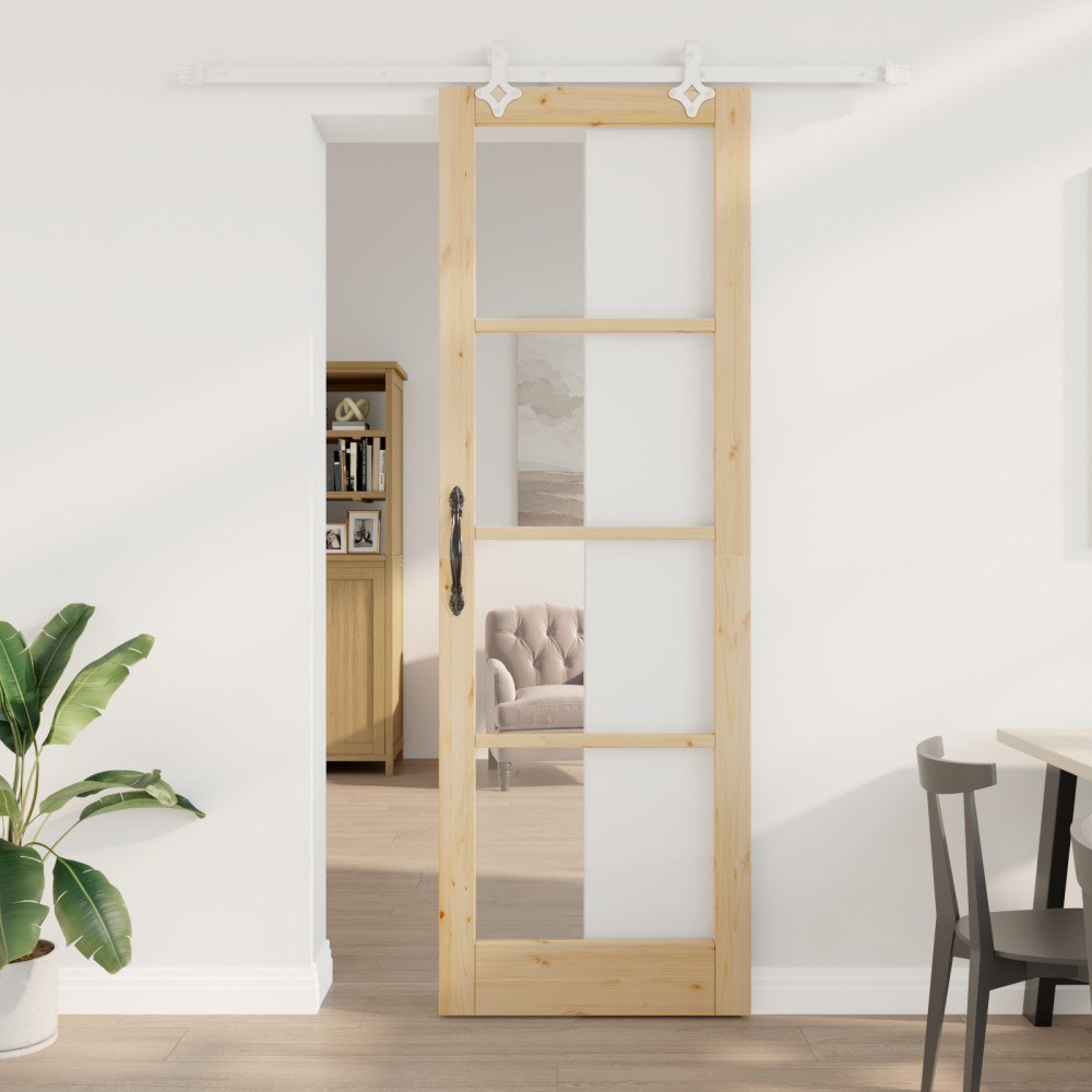vidaXL skjutdörr med hardware set 78x232 cm massiv trä tall, vidaXL inredningsdörr med glas 'ORKDAL'78x232x4 cm massiv trä tall